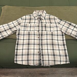 Fashion Nova Men's Cream Plaid Button-Down Shirt with Black and Brown Accents